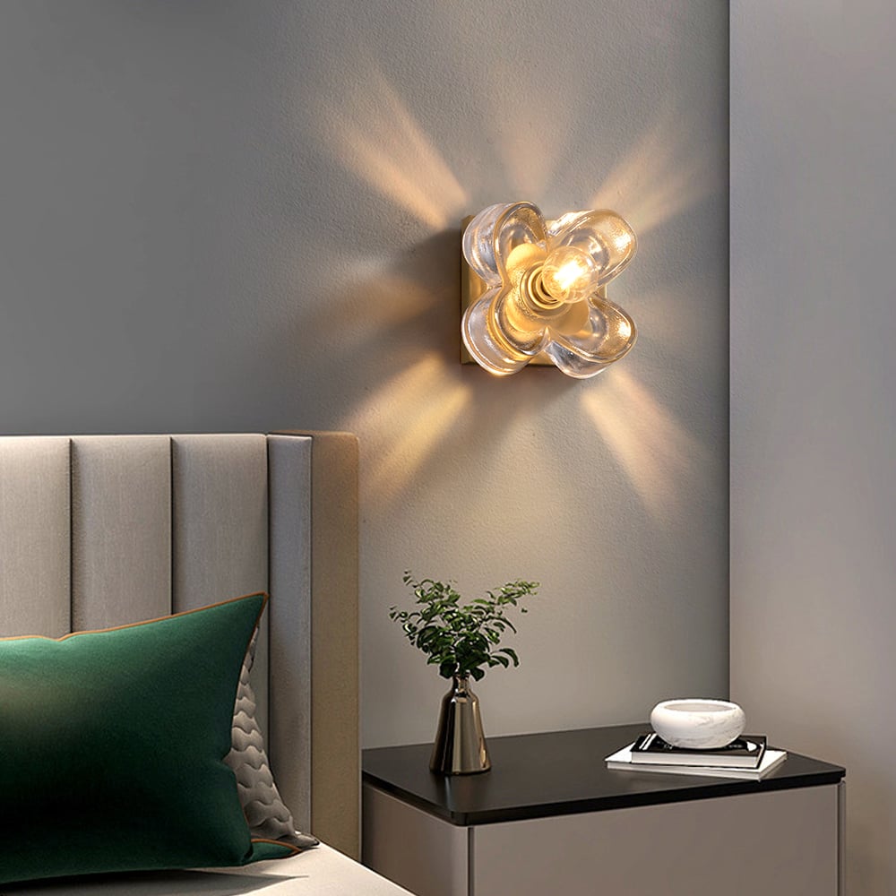 Brass Wall Sconce with Glass Floral Shade Golden Wall Light for Bedroom Deco window image