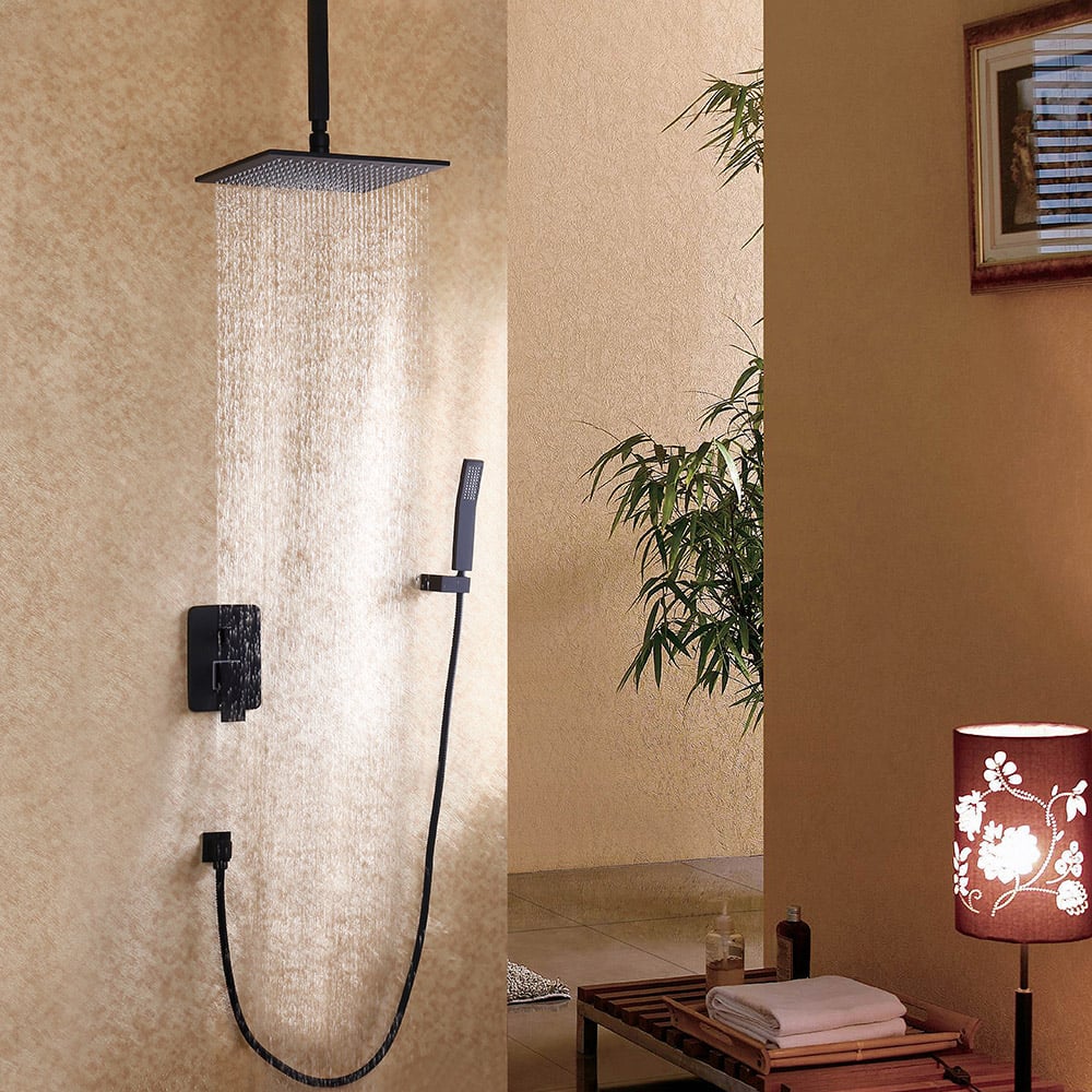 Modern Black 10" Square Wall Mounted Shower System with Handheld Shower Solid Brass window image