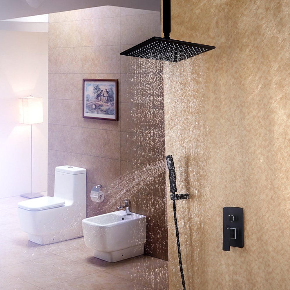 Modern Black 10" Square Wall Mounted Shower System with Handheld Shower Solid Brass window image