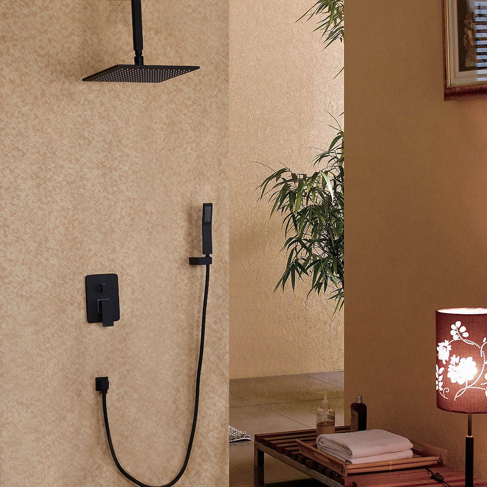 Modern Black 10" Square Wall Mounted Shower System with Handheld Shower Solid Brass window image