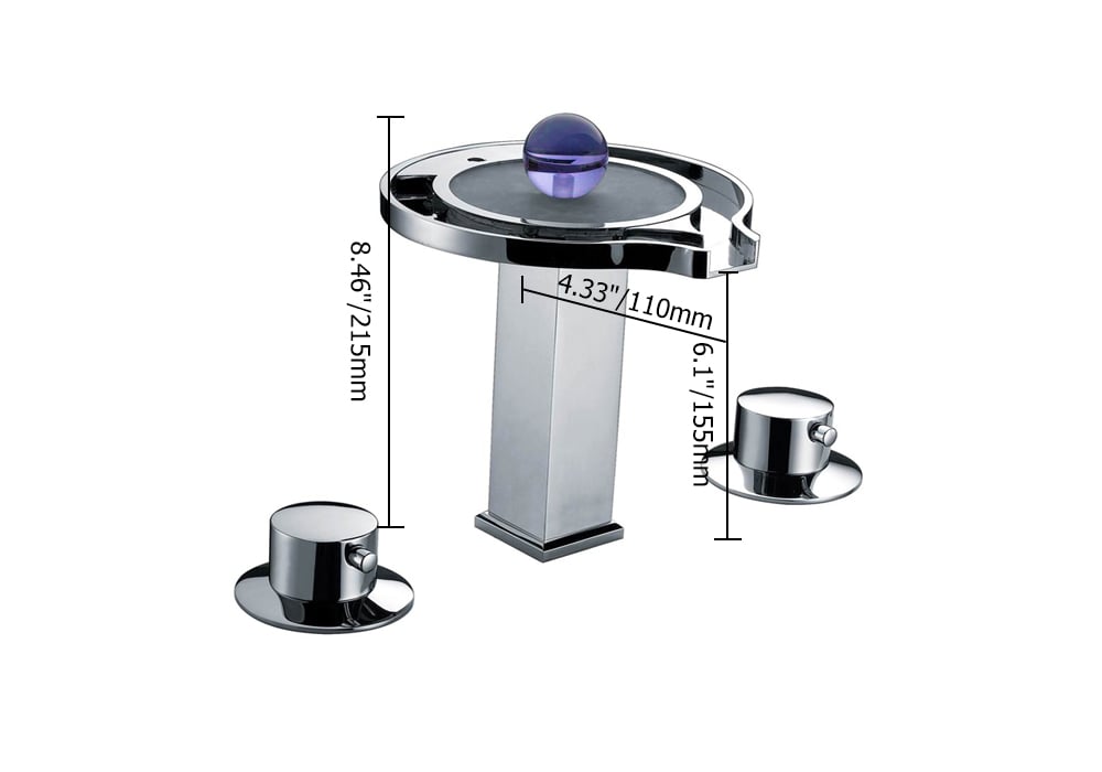 Modern LED Waterfall Brass Sink Faucet with 2-Handles for Bathroom in Chrome weights dimensions image