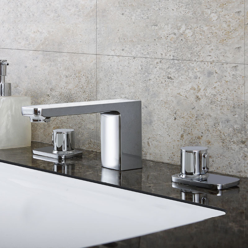 Modern Widespread Brass Double Handle Bathroom Sink Faucet in Chrome window image
