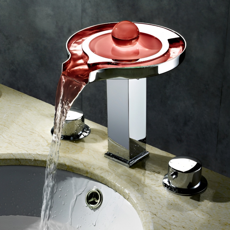 Modern LED Waterfall Brass Sink Faucet with 2-Handles for Bathroom in Chrome window image