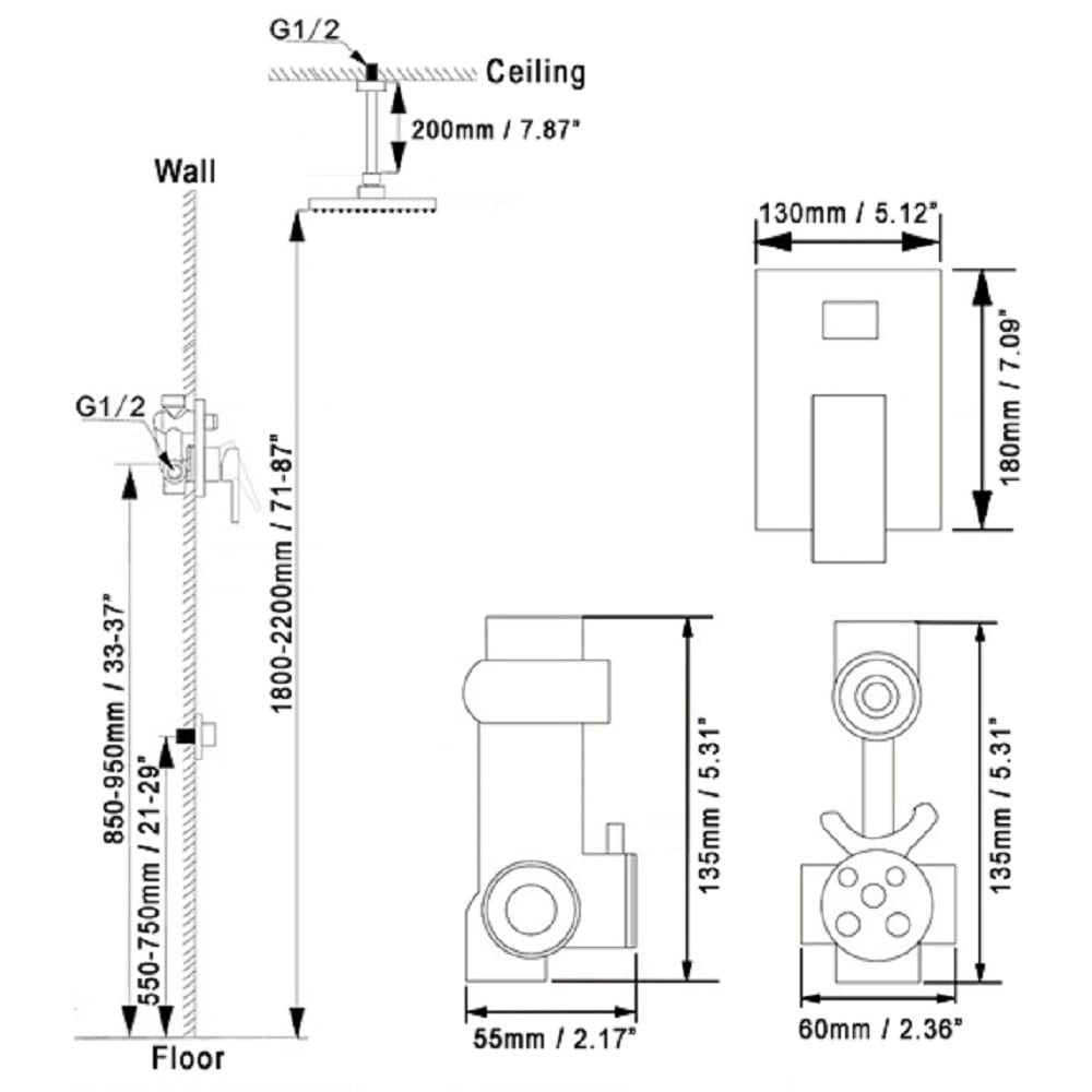 Modern Square Ceiling-Mount Shower Head Wall Mounted Handshower System in Chrome Finish weights dimensions image