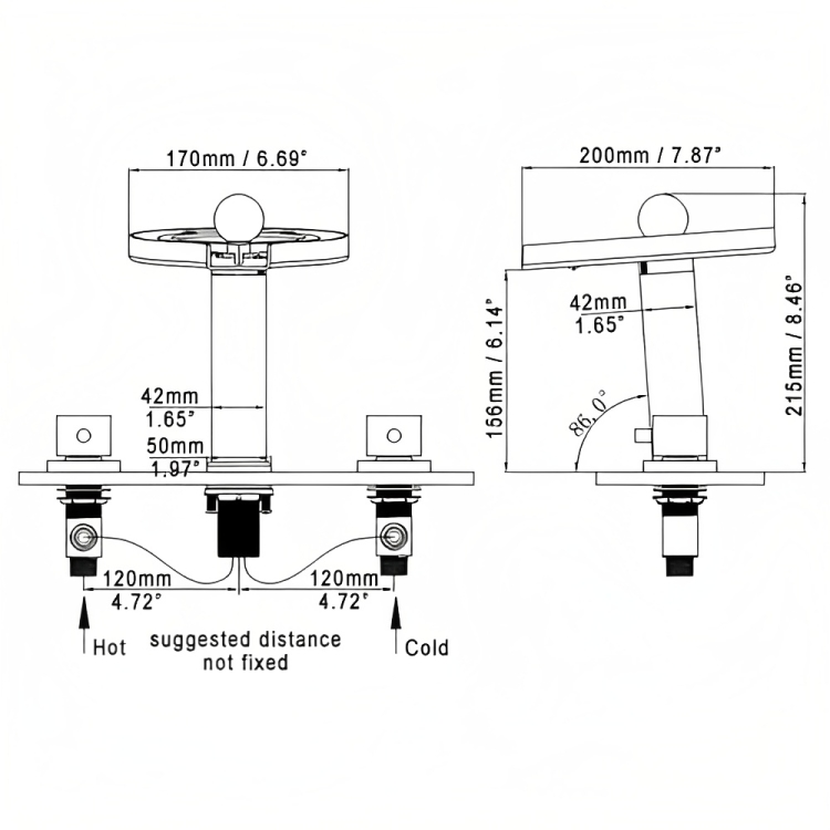 Modern LED Waterfall Brass Sink Faucet with 2-Handles for Bathroom in Chrome weights dimensions image
