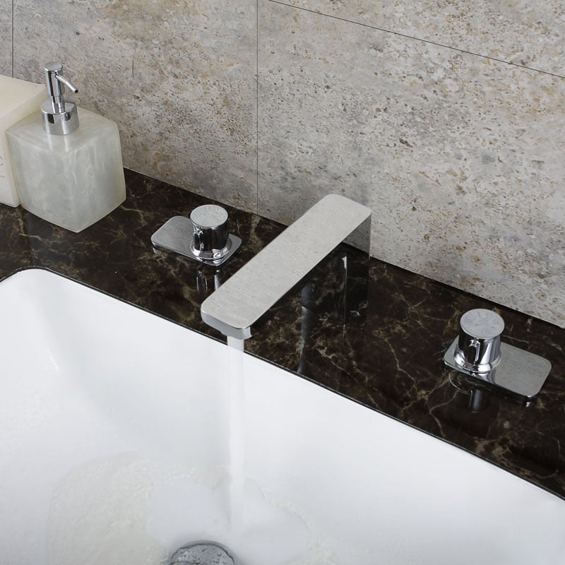 Modern Widespread Brass Double Handle Bathroom Sink Faucet in Chrome window image