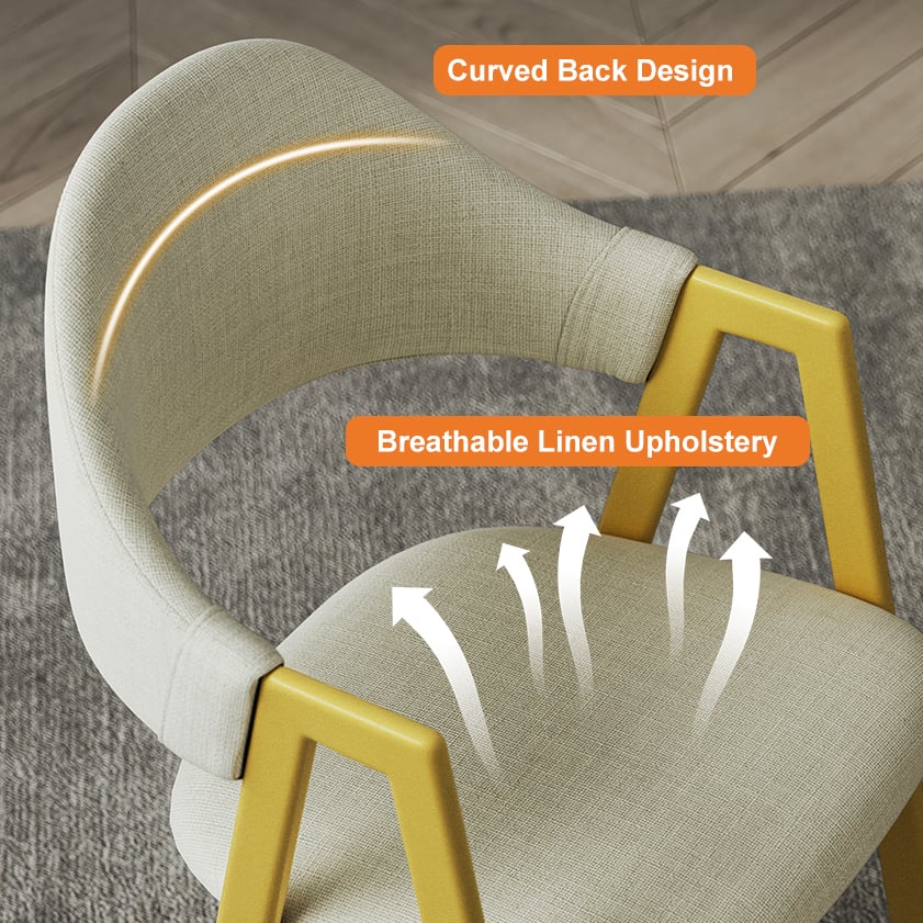 Beige Linen Upholstered Dining Chair Curved Back Chair Set of 2