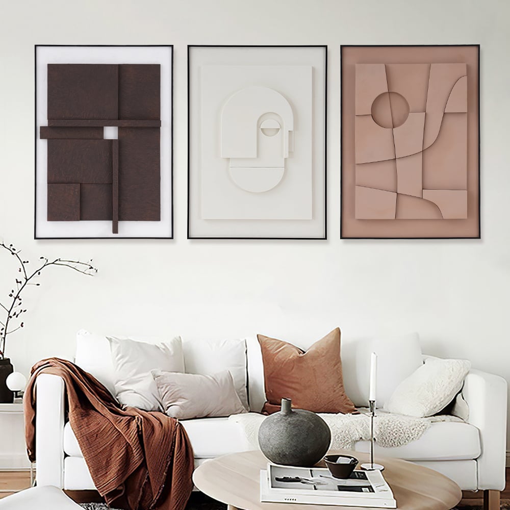 3 Pieces Japandi 3D Wall Art Painting Hanging Wall Decor Set with Black Rectangle Frame window image