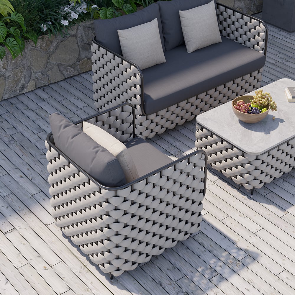 Canapé de terrasse d'extérieur moderne en aluminium et corde Martic de 700 mm de large avec coussin en gris image de fenêtre