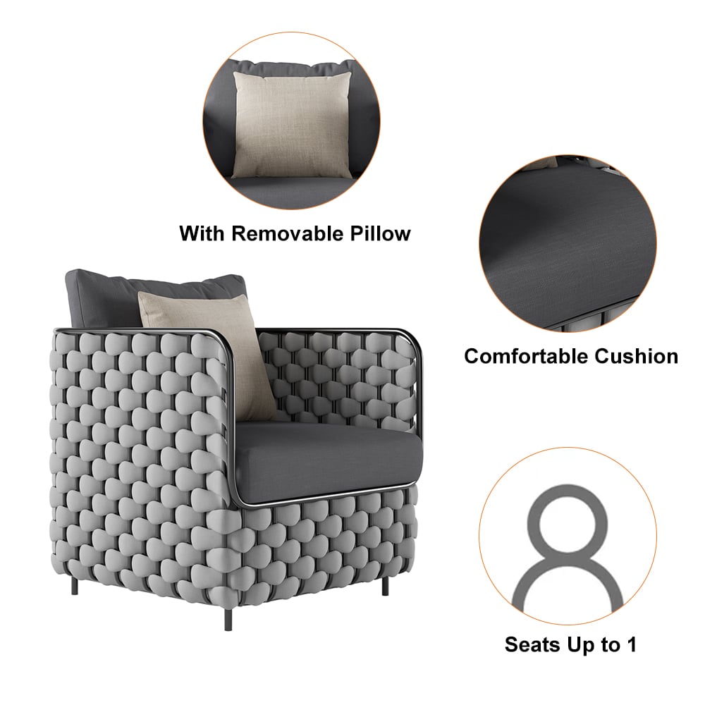 Canapé de terrasse d'extérieur moderne en aluminium et corde Martic de 700 mm de large avec coussin en gris image de fenêtre