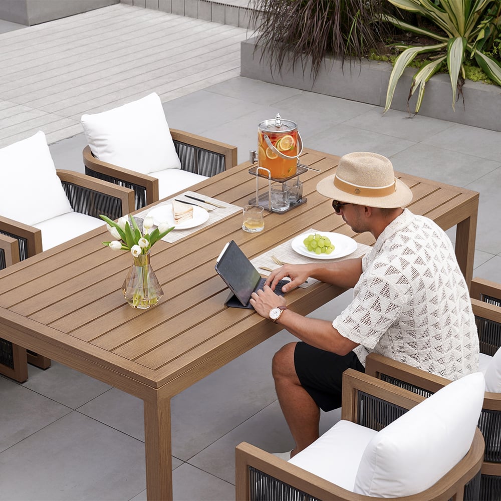 7 Pieces Outdoor Dining Set For 6 with Rectangle Table & Rope Woven Armchair in Natural window image