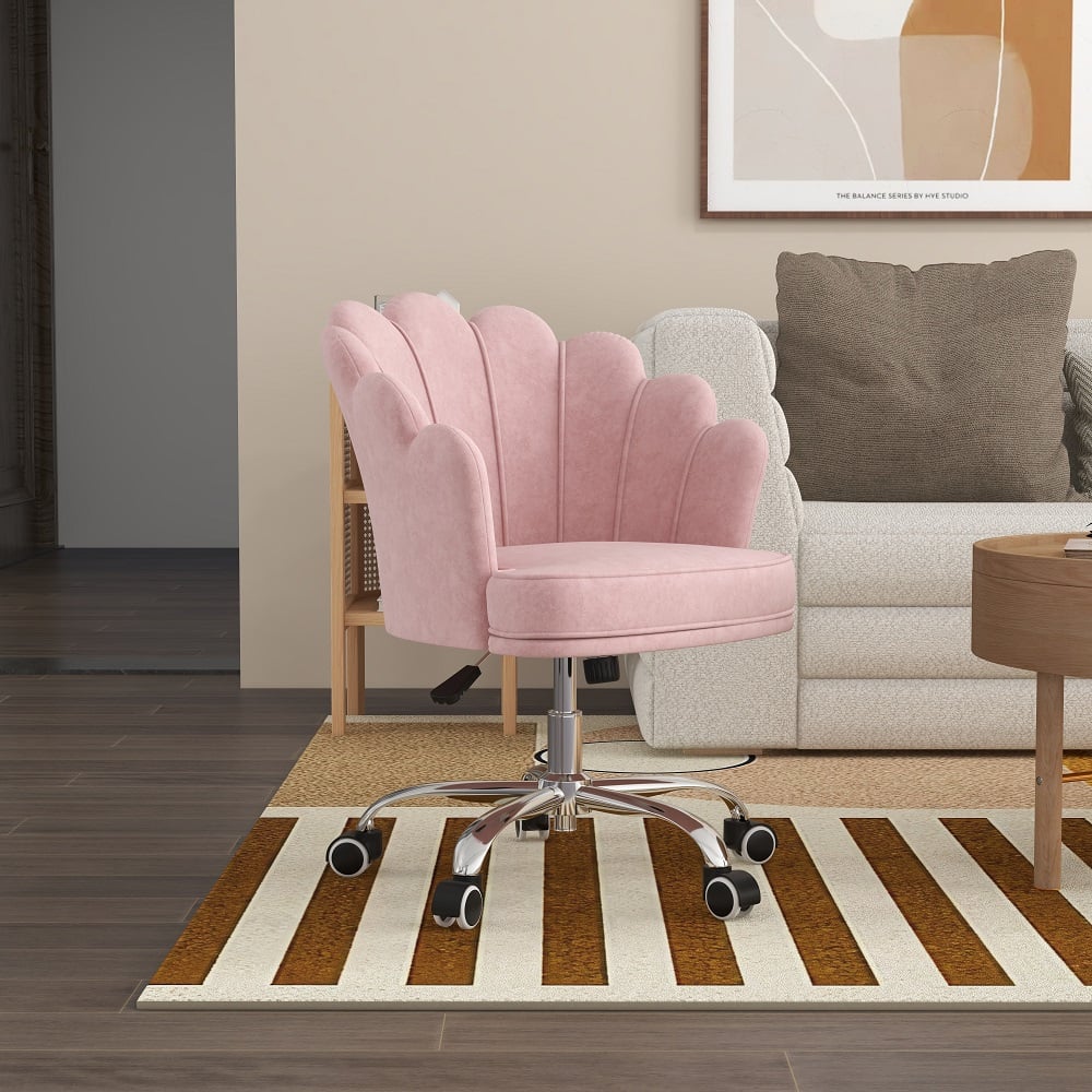Chaise De Bureau Ergonomique En Velours Rose - Siège Pivotant 360°, Hauteur Réglable, Accoudoirs - Idéale Télétravail, Coiffeuse, Bureau à Domicile