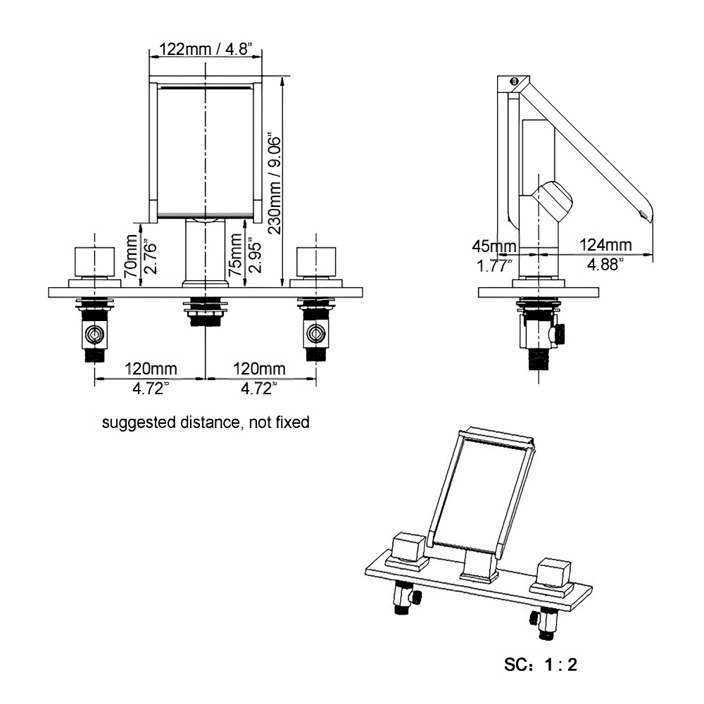 Modern Widespread LED Waterfall Brass Bathroom Sink Faucet with 2-Handles in Chrome weights dimensions image