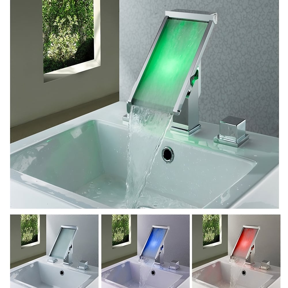 Modern Widespread LED Waterfall Brass Bathroom Sink Faucet with 2-Handles in Chrome window image