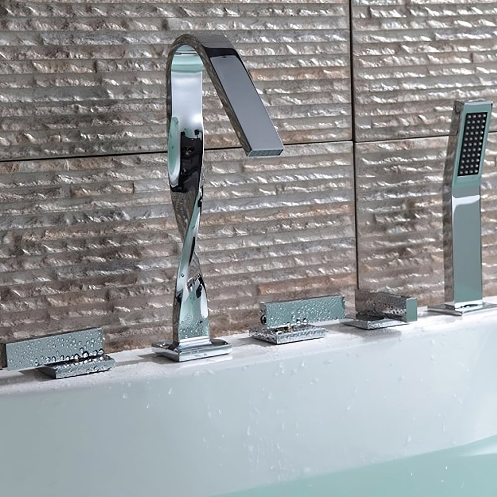 Deck Mounted Roman 3-Handle Bathtub Faucet with Handshower Solid Brass in Chrome window image