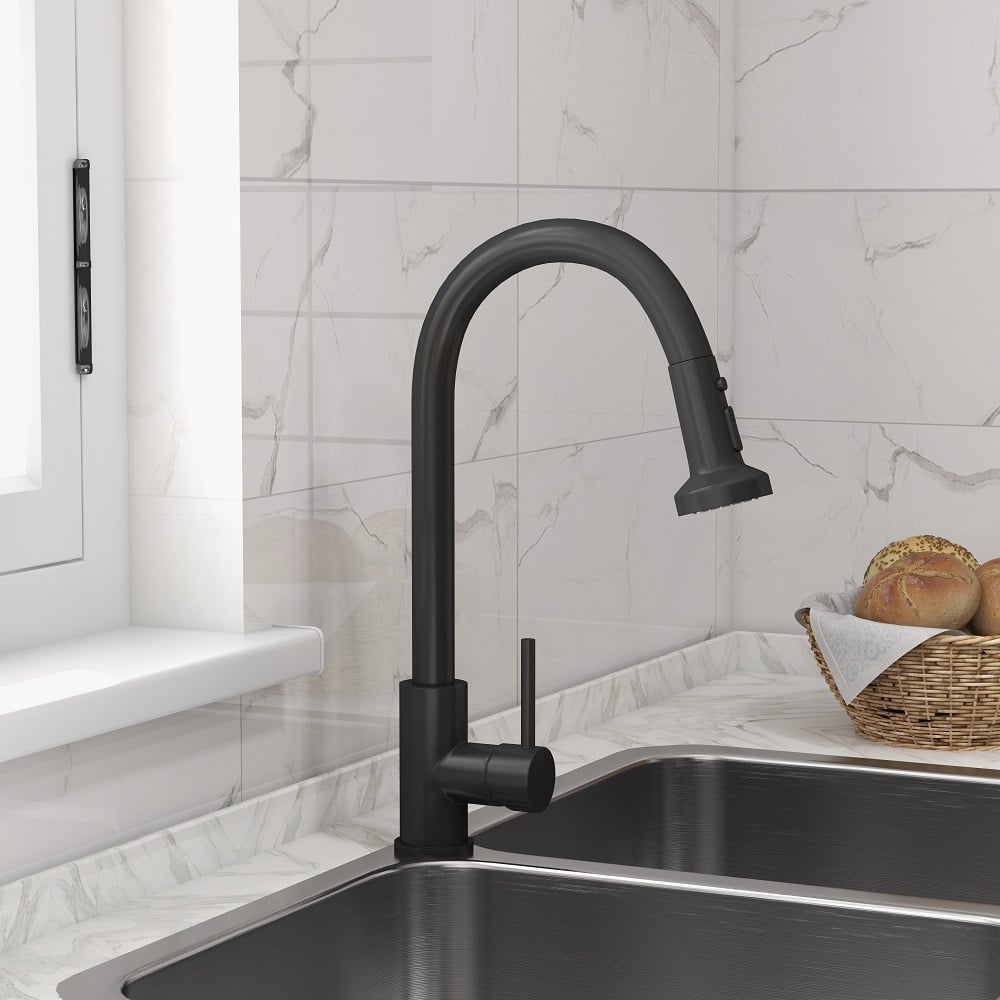 WEWE Commercial Matte Black Kitchen Sink Faucet – Pull-Out Spray, Single Lever, Swivel Mixer Tap