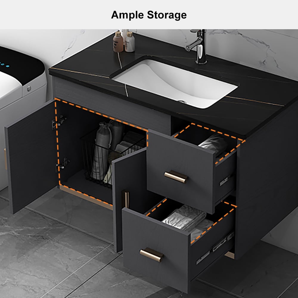 Ensemble de meuble-lavabo flottant de 35 po en bois avec dessus en pierre frittée noire et évier en céramique image de fenêtre