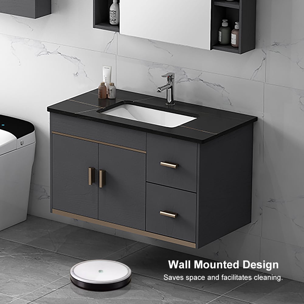 Ensemble de meuble-lavabo flottant de 35 po en bois avec dessus en pierre frittée noire et évier en céramique image de fenêtre