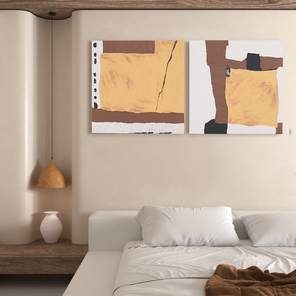 Ensemble de 2 pièces de décoration murale japonaise géométrique abstraite et de peinture à l'huile pour salon image de fenêtre