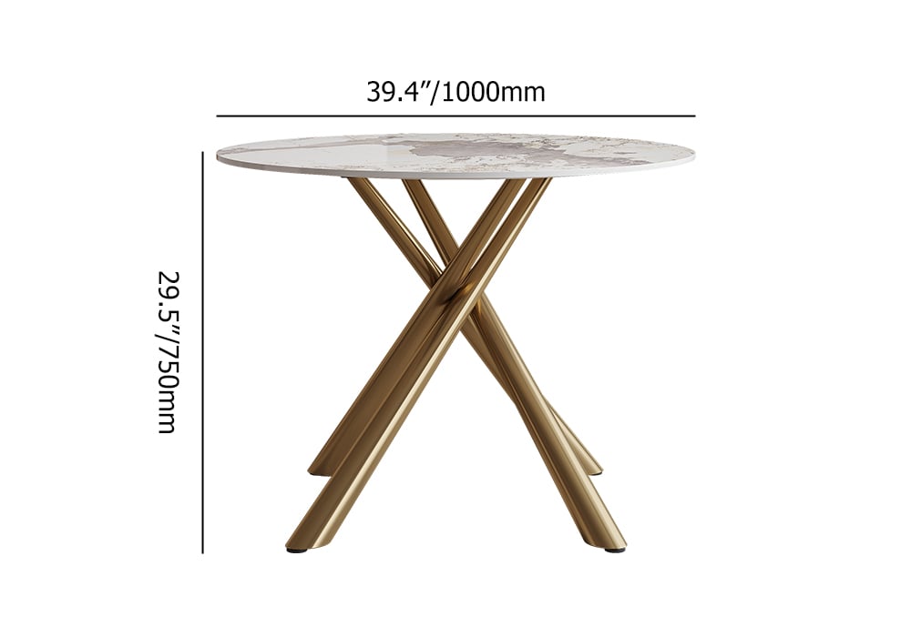 Table de salle à manger ronde moderne en pierre de 1000 mm en Pandora et or avec tréteau Poids, dimensions, image