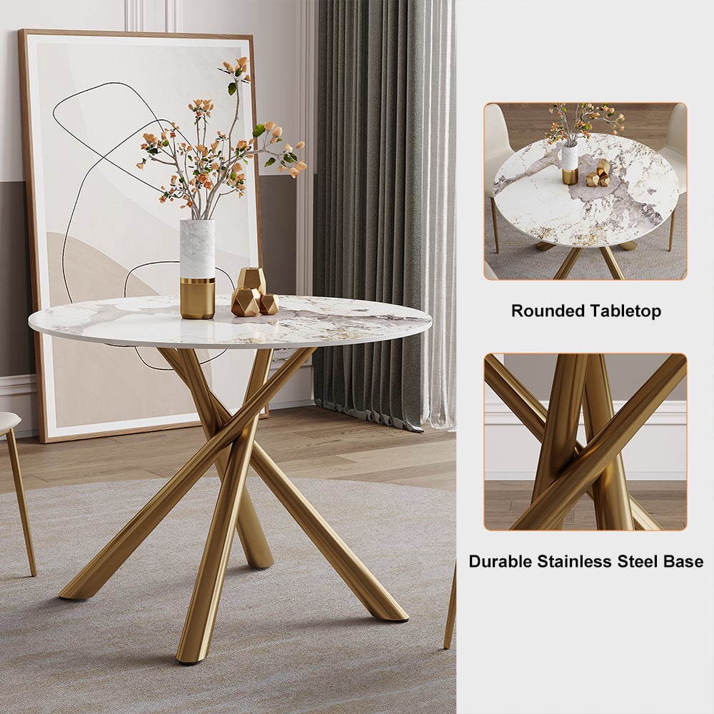 Table de salle à manger ronde moderne en pierre de 1000 mm en Pandora et or avec tréteau image de fenêtre