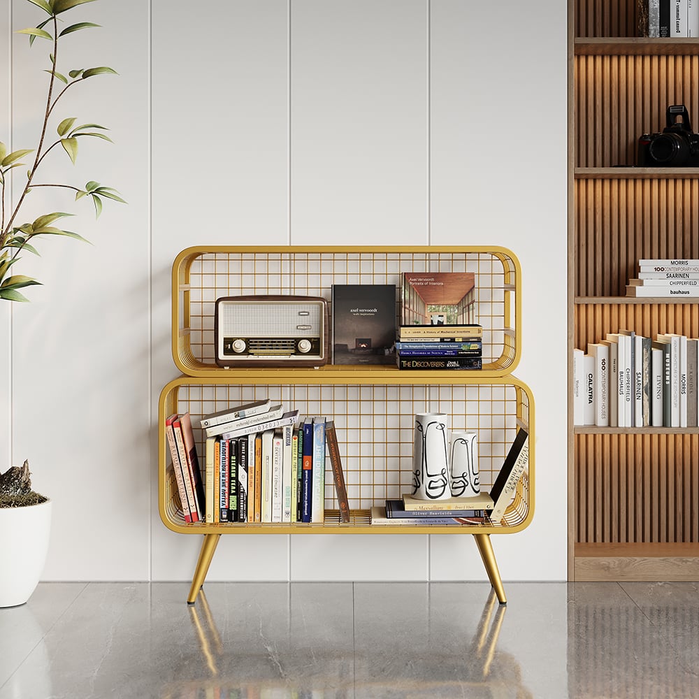 2 Tier Modern Gold Mesh Standing Etagere Bookshelf window image