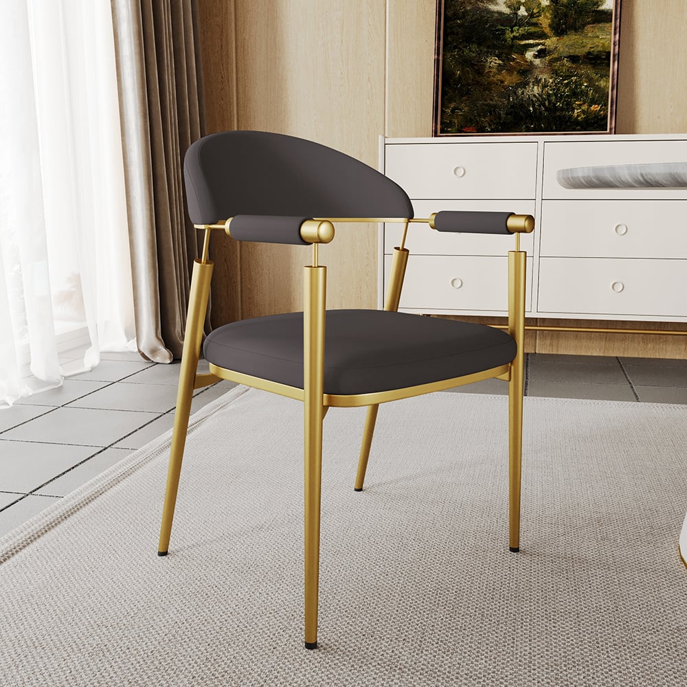 Curvice Dark Gray PU Leather Dining Chair Arm (Set of 2) Curved Back Stainless Steel window image
