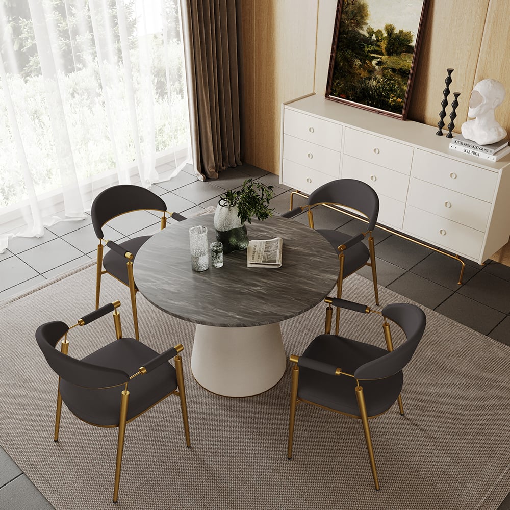 Curvice Dark Gray PU Leather Dining Chair Arm (Set of 2) Curved Back Stainless Steel window image