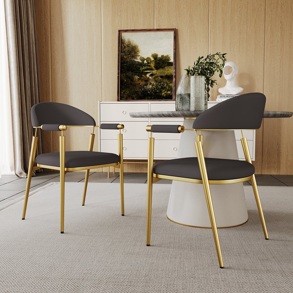 Curvice Dark Gray PU Leather Dining Chair Arm (Set of 2) Curved Back Stainless Steel window image