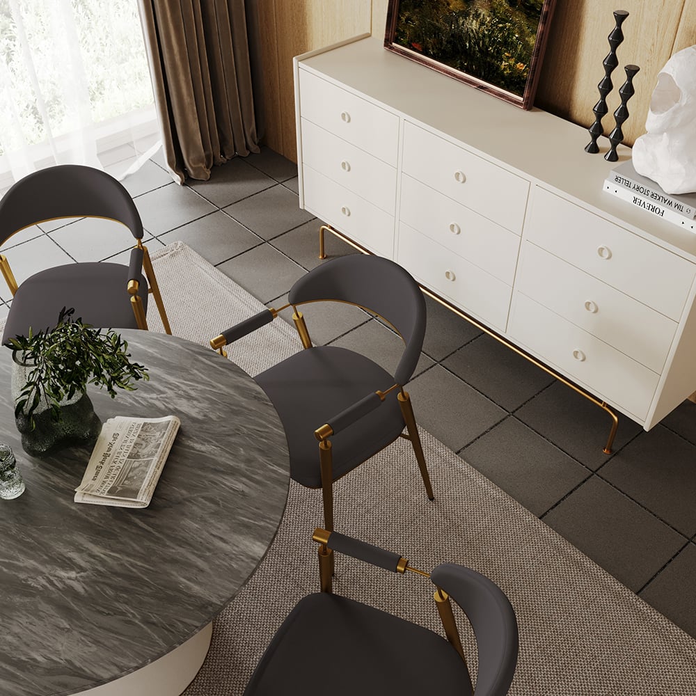 Curvice Dark Gray PU Leather Dining Chair Arm (Set of 2) Curved Back Stainless Steel window image