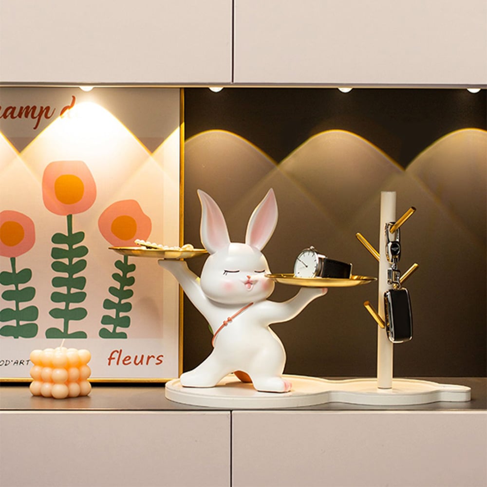 Cute Golden Rabbit Double Tray Desk Top Storage Resin Key Holder Home Decoration  window image