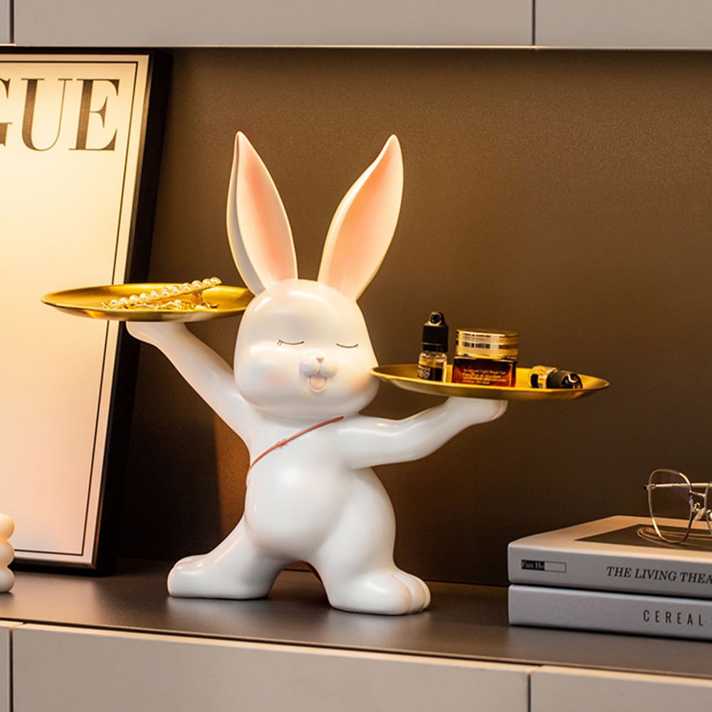 Cute Golden Rabbit Double Tray Desk Top Storage Resin Key Holder Home Decoration  window image