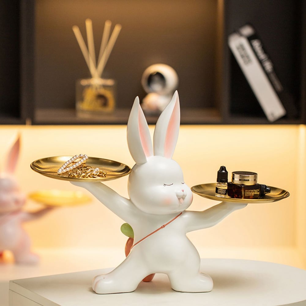 Cute Golden Rabbit Double Tray Desk Top Storage Resin Key Holder Home Decoration  window image