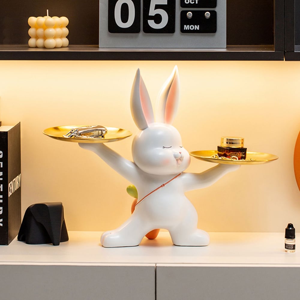 Cute Golden Rabbit Double Tray Desk Top Storage Resin Key Holder Home Decoration  window image