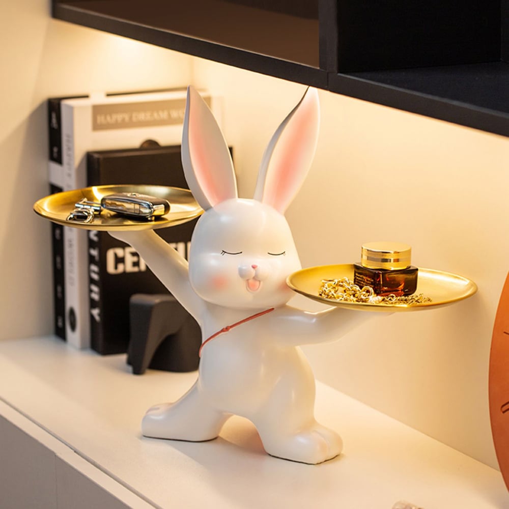 Cute Golden Rabbit Double Tray Desk Top Storage Resin Key Holder Home Decoration  window image