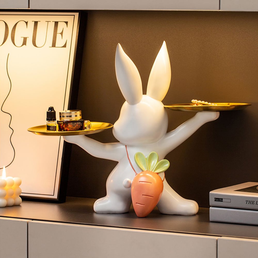Cute Golden Rabbit Double Tray Desk Top Storage Resin Key Holder Home Decoration  window image