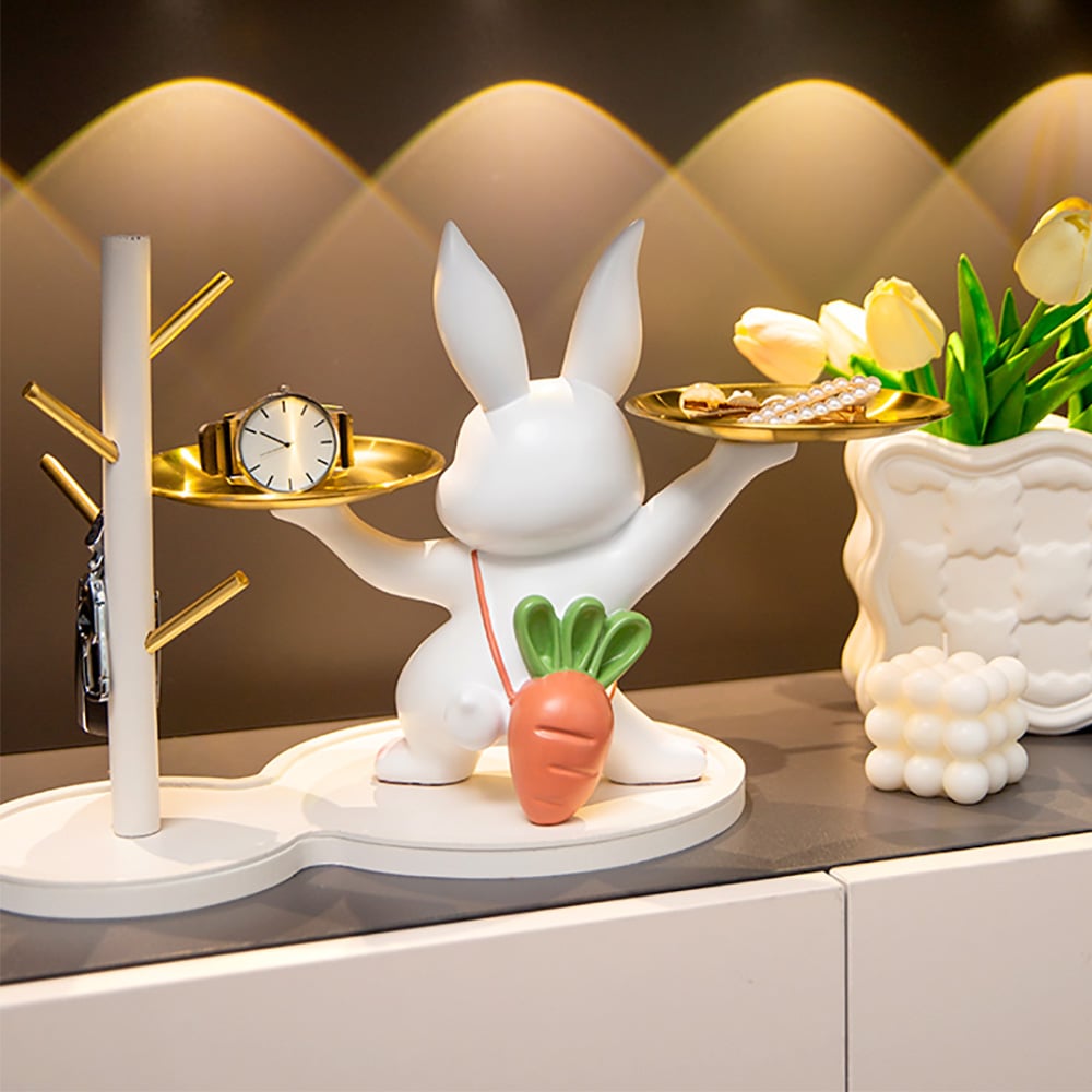 Cute Golden Rabbit Double Tray Desk Top Storage Resin Key Holder Home Decoration  window image