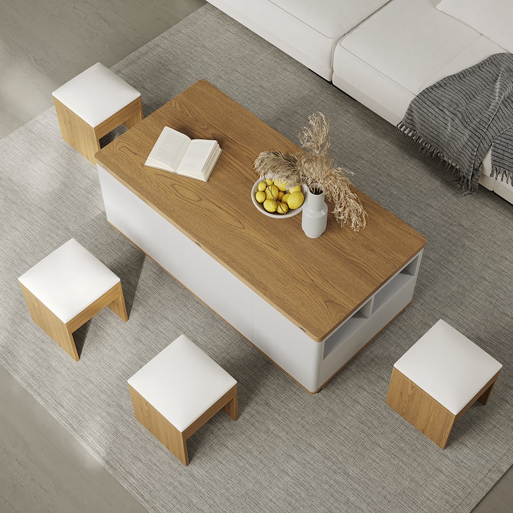 2-Piece Modern Faux Leather Upholstered Stool White & Walnut window image