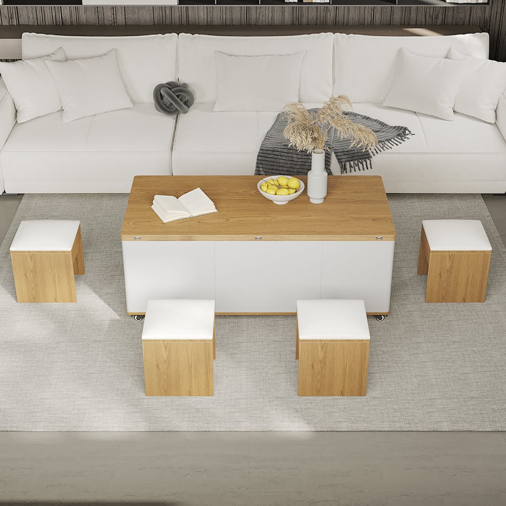 2-Piece Modern Faux Leather Upholstered Stool White & Walnut window image