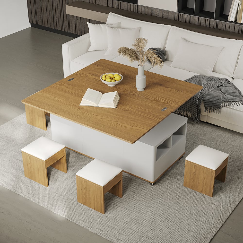 2-Piece Modern Faux Leather Upholstered Stool White & Walnut window image