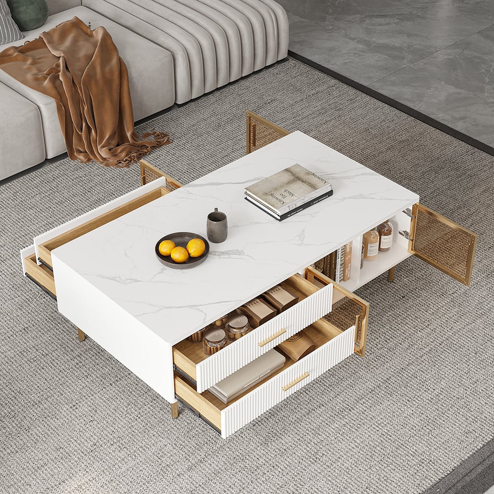 Cofab Modern White Coffee Table with 2 Glass Door Storage & 4 Drawers Gold Metal Legs window image