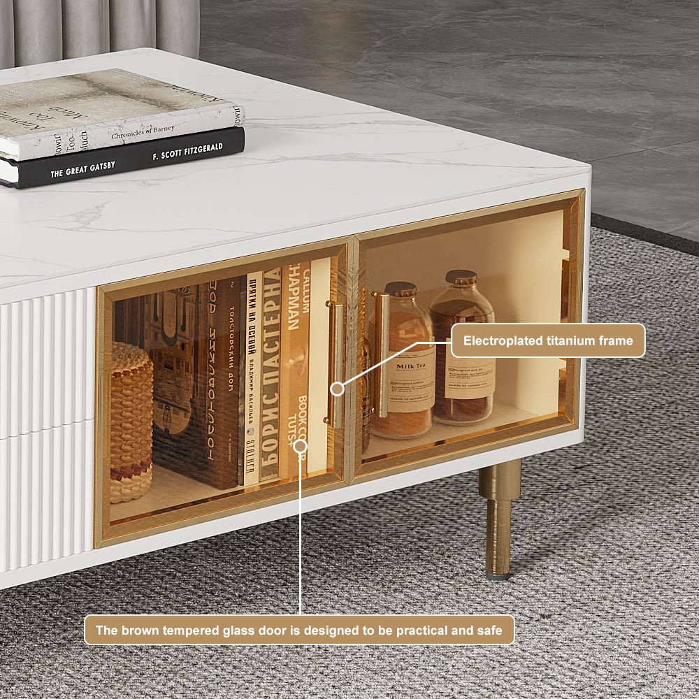 Cofab Modern White Coffee Table with 2 Glass Door Storage & 4 Drawers Gold Metal Legs window image