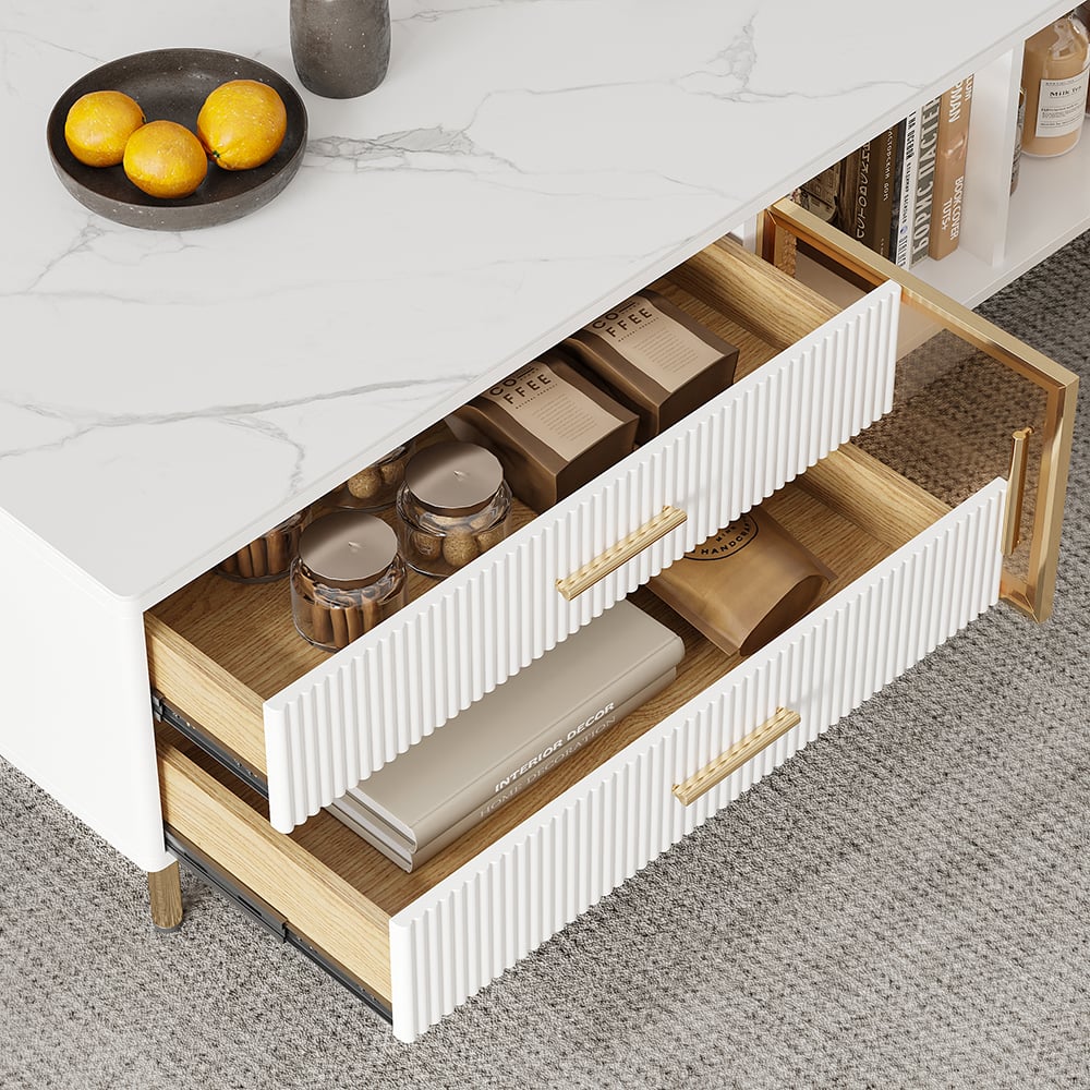 Cofab Modern White Coffee Table with 2 Glass Door Storage & 4 Drawers Gold Metal Legs window image
