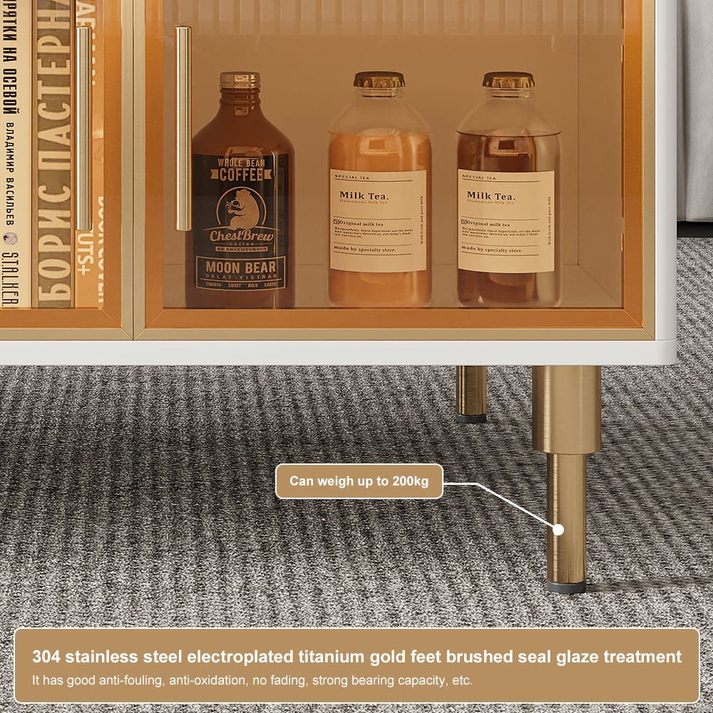 Cofab Modern White Coffee Table with 2 Glass Door Storage & 4 Drawers Gold Metal Legs window image