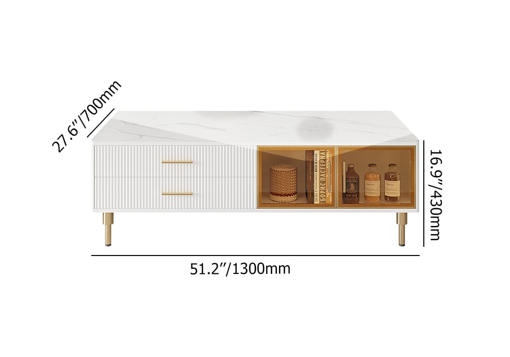 Cofab Modern White Coffee Table with 2 Glass Door Storage & 4 Drawers Gold Metal Legs weights dimensions image