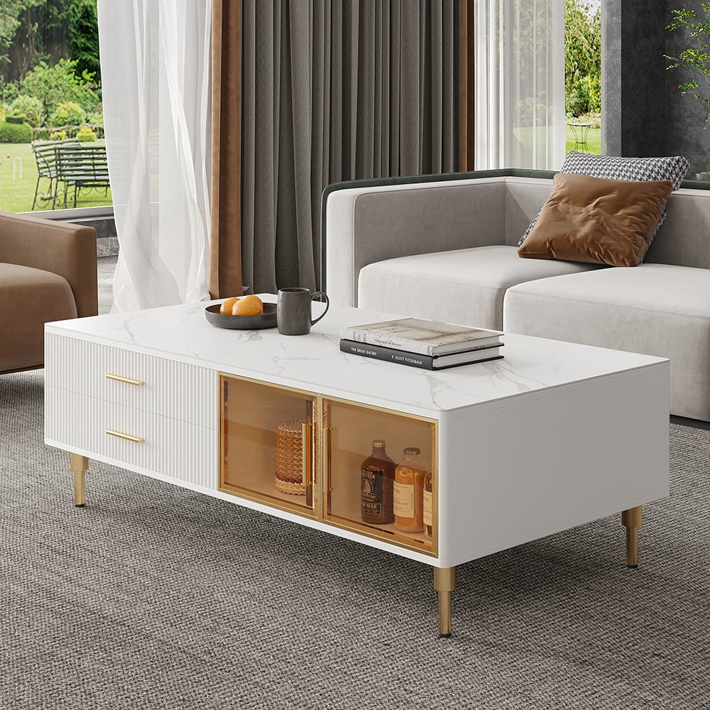 Customer Reviews for Cofab Modern White Coffee Table with 2 Glass Door Storage & 4 Drawers Gold Metal Legs