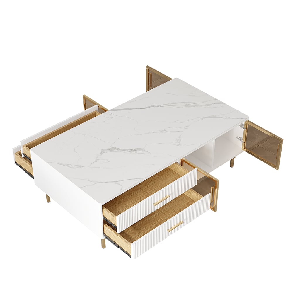 Cofab Modern White Coffee Table with 2 Glass Door Storage & 4 Drawers Gold Metal Legs window image
