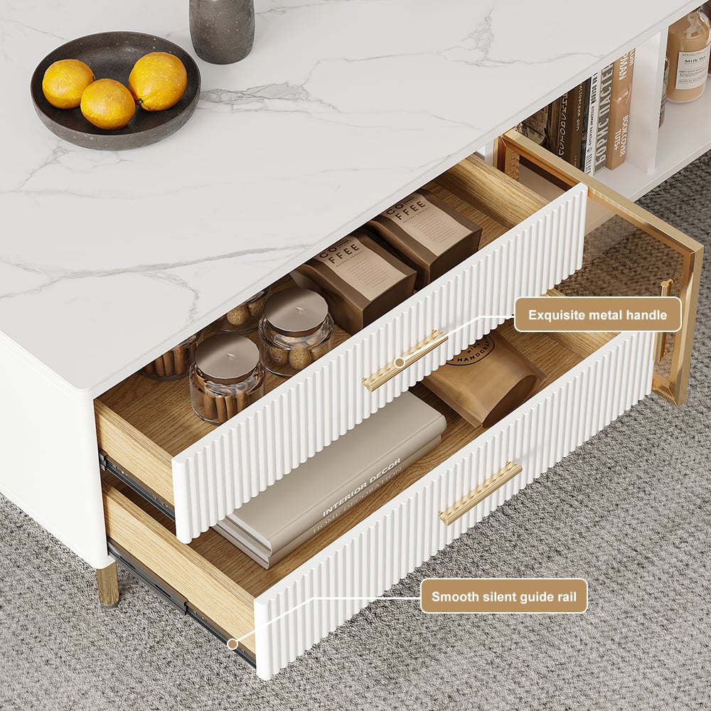 Cofab Modern White Coffee Table with 2 Glass Door Storage & 4 Drawers Gold Metal Legs window image