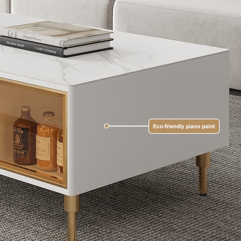 Cofab Modern White Coffee Table with 2 Glass Door Storage & 4 Drawers Gold Metal Legs window image