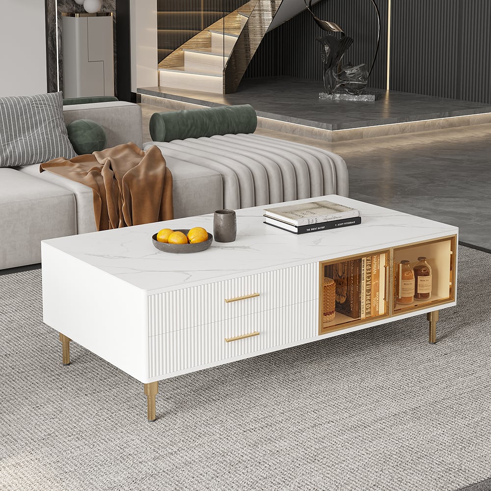 Customer Reviews for Cofab Modern White Coffee Table with 2 Glass Door Storage & 4 Drawers Gold Metal Legs